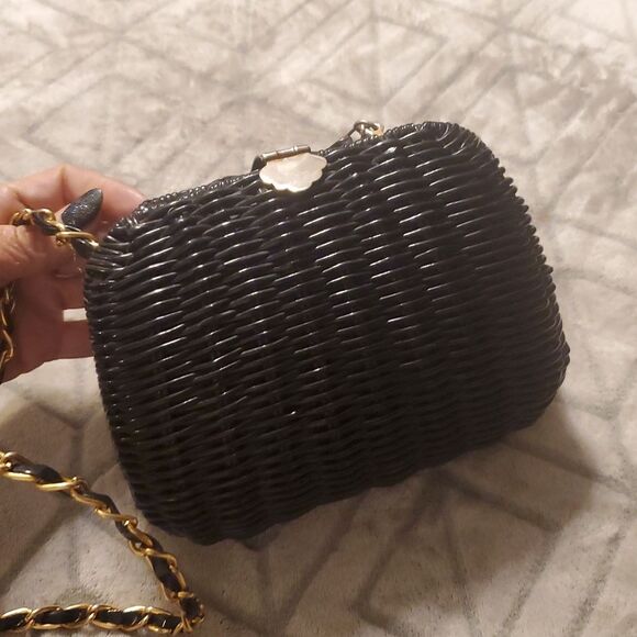 VINTAGE BLACK WICKER CHAIN SATCHEL HANDBAG - Picture 3 of 9